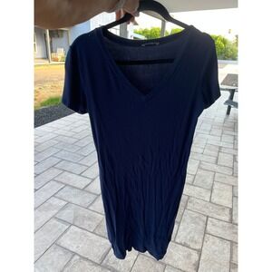 La Clef Navy Blue Ribbed V-Neck Short Sleeve T-Shirt Dress CMD1994 Large